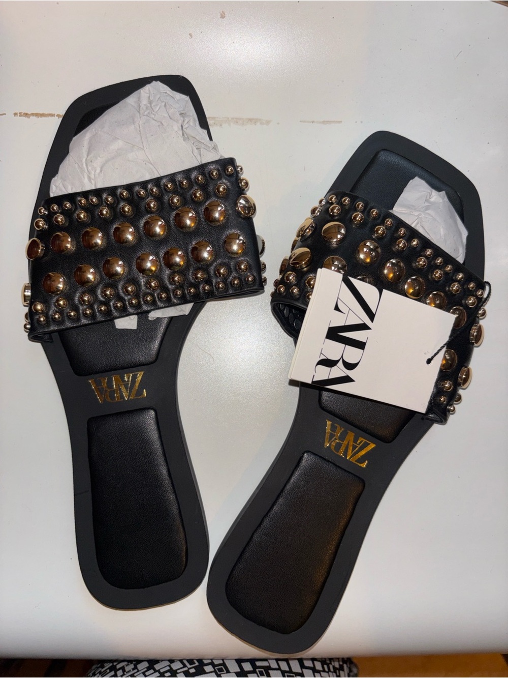 ZARA Black Slide Sandals with Gold Stud Accents